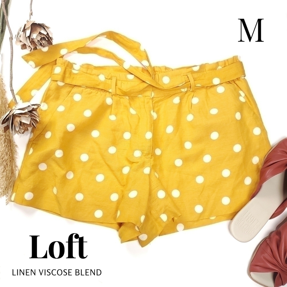 New Loft Yellow White Dotted Linen Viscose Blend Belted Shorts Sz M